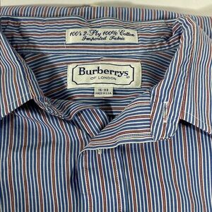 VTG BURBERRY OF LONDON STRIPED SHIRT BUTTON DOWN LONG‎ SLEEVE SZ 16-33 BLUE/RED